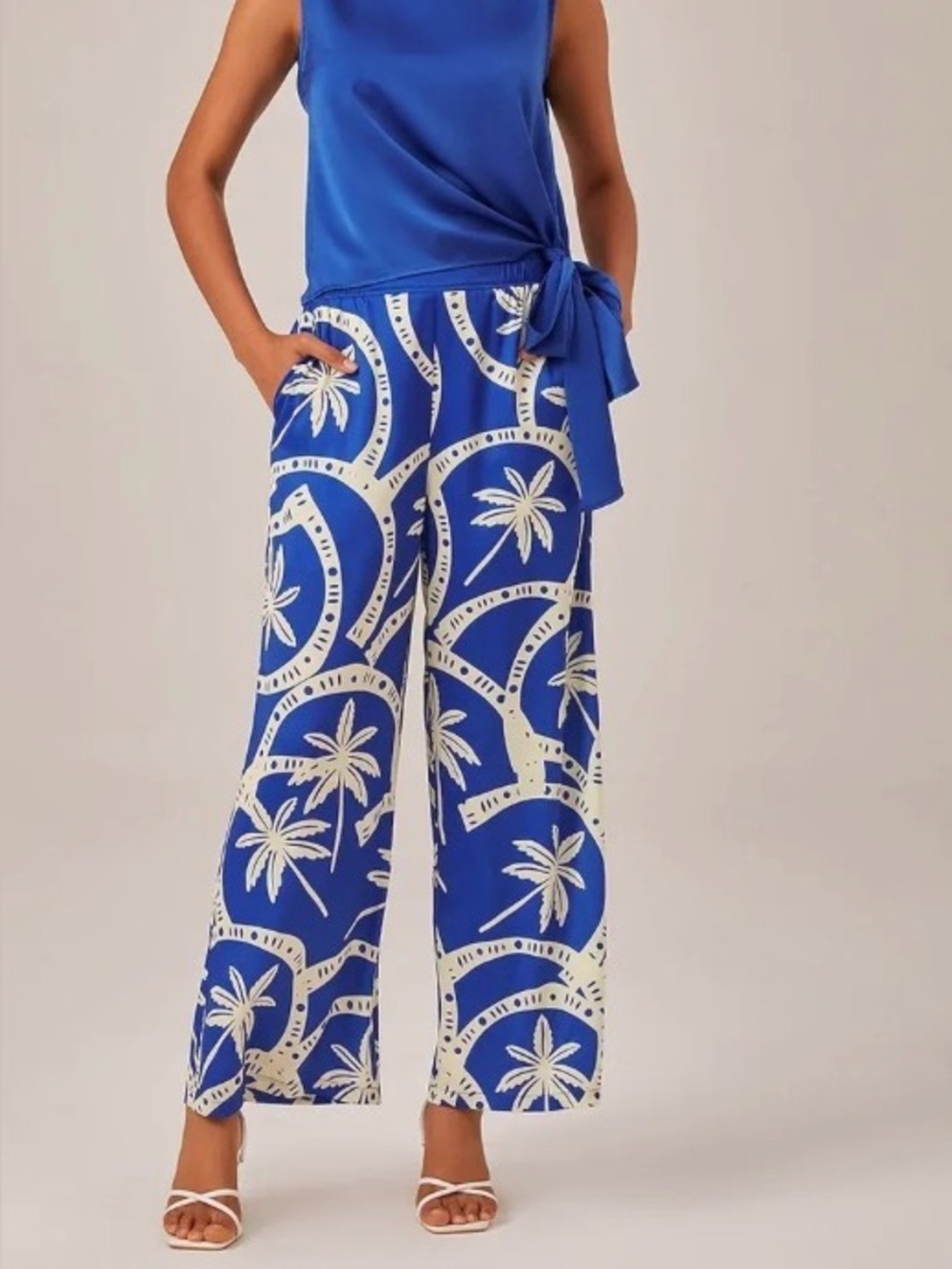 Royal Blue Palm-Print Wide-Leg Pants